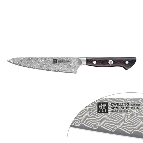 ZWILLING | Tanrei Compact Chef's Knife 140 mm – Plain Edge - Damascus 101-Layer - Brown Micarta Handle
