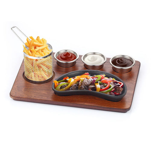 Tarjoilupannu - Fajita - valurautapannu, AISI 304 -teräskorit ja -kulhot, MDF-alusta - 350x260 mm - munuainen