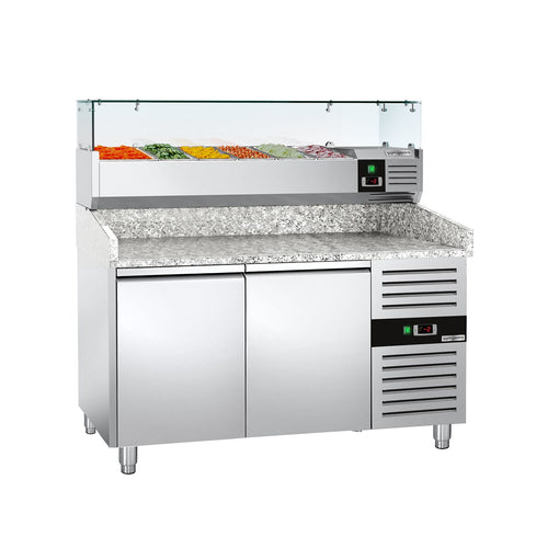 Pizzakylmäpöytä ECO - 1500x800 mm - 2 ovea - sis. kylmävitriini lasisuojuksella - 6 x GN 1/3 -astiaa