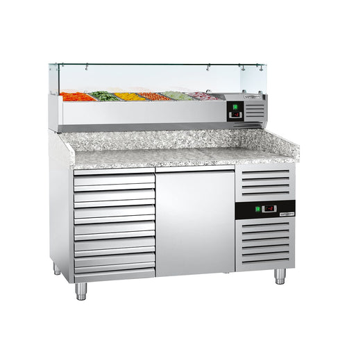 Pizzakylmäpöytä ECO - 1500x800 mm - 1 ovi & 7 vetolaatikkoa - sis. kylmävitriini lasisuojuksella - 6 x GN 1/3 -astiaa