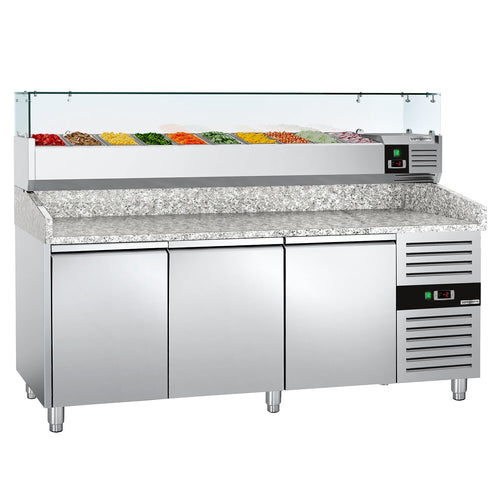 Pizzakylmäpöytä ECO - 2025x800 mm - 3 ovea - sis. kylmävitriini lasisuojuksella - 10 GN 1/4 -astiaa
