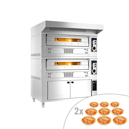 Kaasukäyttöinen pizzauuni (samottikivipohja) - 9+9 x Ø 33 cm - enintään 370 °C - Manuaalinen - sis. ruostumattomasta teräksestä huppu ja käyttölämpökaappi