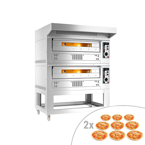 Kaasukäyttöinen pizzauuni (samottikivipohja) - 9+9 x Ø 33 cm - enintään 370 °C - Manuaalinen - sis. haube ja alarunko