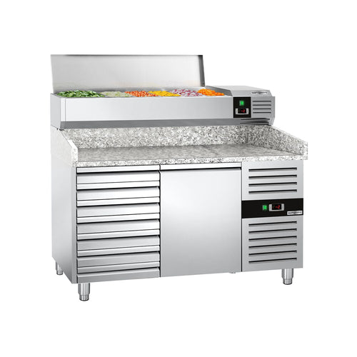 Pizzakylmäpöytä PREMIUM - 1500x800 mm - 1 ovea & 7 vetolaatikkoa - sis. kylmävitriini - 7 GN 1/4 -astiaa