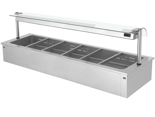 Drop-in Bain Marie - 2110mm - 6x GN 1/1 - 200mm deep - 4,38 kW - with Glass Sneeze Guard