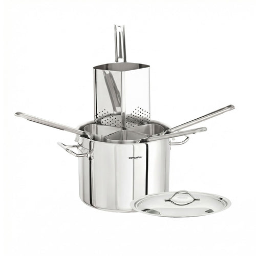 Pastakattila - Ruostumaton teräs - 22,4 l - Ø 360 mm - Korkeus: 220 mm - sis. 4 keittolävikköä - kolmikerrospohja; sopii induktiolle; sopii kaasulle; sopii keraamiselle liedelle; sopii sähkölevylle; konepesun kestävä