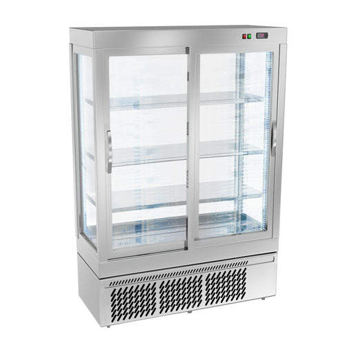 4-Sided Glass Display Fridge - 855L - 1320mm - Double glazing - square - with 3 glass shelves - 2 sliding glass doors - Silver