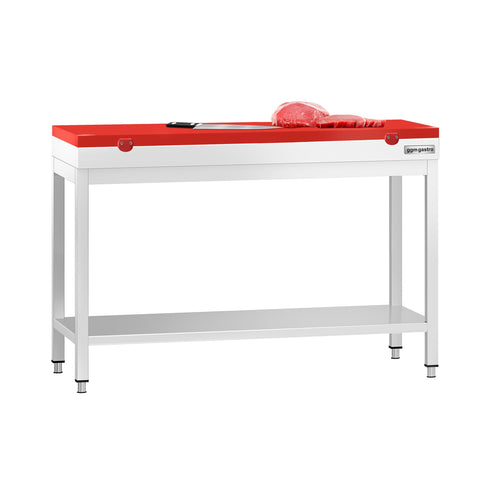 Commercial Stainless Steel Centre Table PREMIUM - 1200x700mm - with Undershelf - with Red Chopping Board