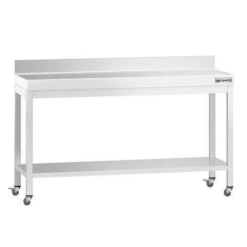 Commercial Stainless Steel Table with Upstand PREMIUM - 1600x800mm - with Undershelf - with Rear Upstand - with Additional Undershelf (mid-shelf) - with Wheels