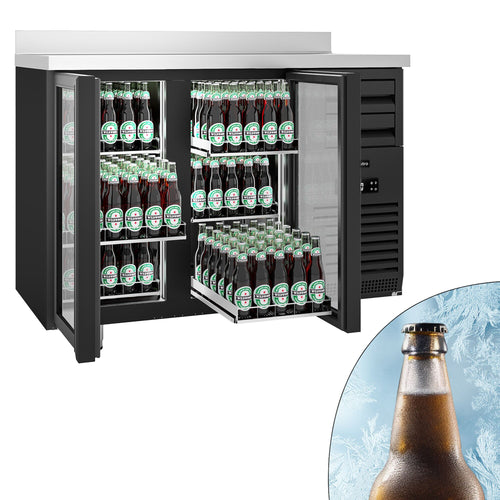 RST-baarikylmäpöytä PREMIUM PLUS - SUPERCOOLER - 1475x700 mm - 440 l - varustettu: 2 lasiovea, 6 vetolaatikkoa, LED-valaistus & takakoroke - musta