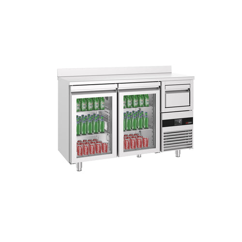 RST-baarikylmäpöytä PREMIUM - 1580x600 mm - 550 l - varustettu: 2 lasiovea, työskentelytaso takakorokkeella & kahvin koputin