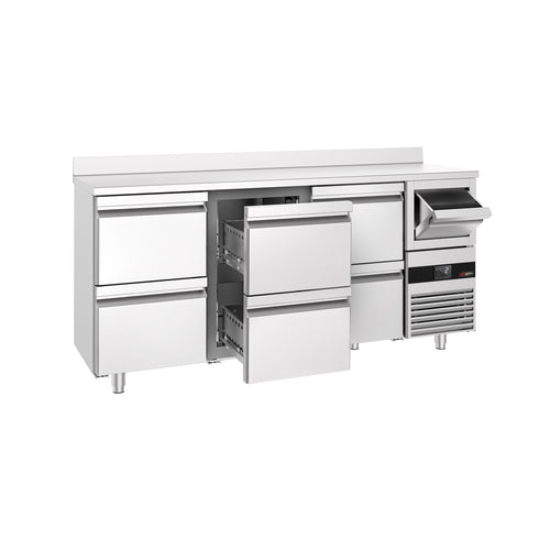RST-baarikylmäpöytä PREMIUM - 2135x600 mm - 570 l - varustettu: 6 vetolaatikkoa 1/2, takakoroke & kahvin koputin