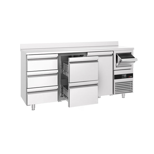 RST-baarikylmäpöytä PREMIUM - 2135x600 mm - 570 l - varustettu: 1 ovi, 5 vetolaatikkoa, takakoroke & kahvin purujen koputin