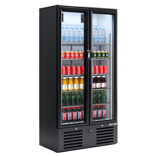 Commercial Beverage Display Fridge - 900mm - 435 Litres - with 2 hinged glass doors - LED lighting - digital controller with temperature display - Black - Temperature range 4 to 12 °C