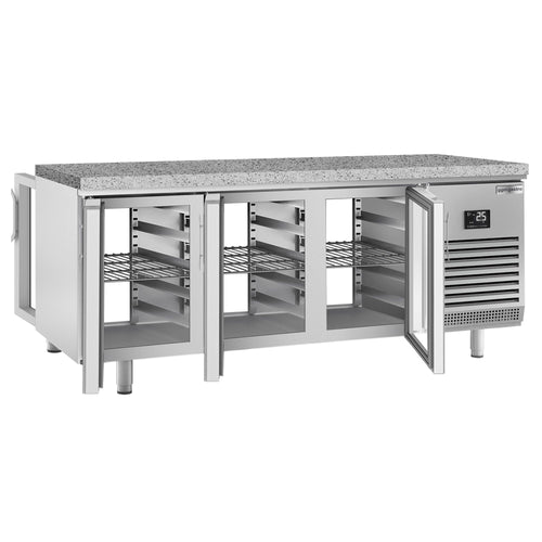 Kylmäpöytä PREMIUM PLUS - 2185x800 mm - 610 l - 6 ovea - 6 lasiovea - Kaksoislasitus - läpivienti - musta graniittitaso