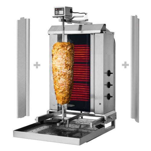Sähkö Kebabgrilli - 3 poltinta - 5,40 kW - max. 40 kg lihaa - sis. 2 pariovea ja rasvankeräysastia