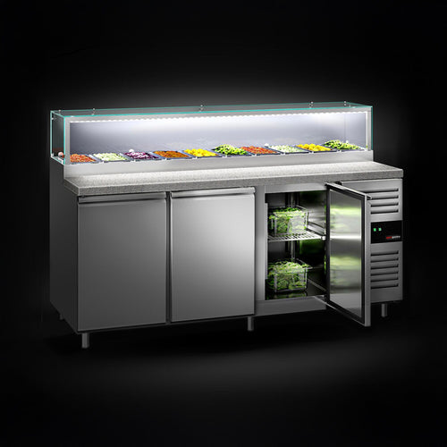 Salaattipöytä PREMIUM - 2 020 mm - 456 l - 3 ovea - lasisuoja 10x GN 1/3 varten & 1 hylly