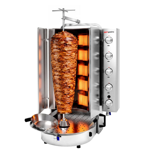 Kaasu Kebabgrilli - ROBAX®-lasilla - 10 poltinta - 20 kW - max. 90 kg lihaa - Pöytämalli - sis. spieß, klammer, fleischteller, auffangschale, dönerschaufel ja flügeltüren