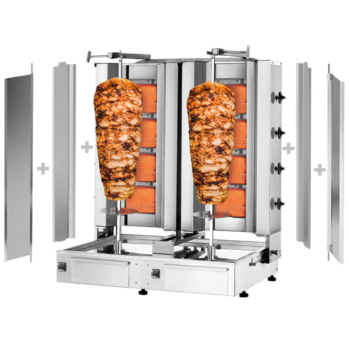 Kaasu Kebabgrilli - 4+4 poltinta - 26 kW - max. 120 kg lihaa - Lattiamalli - sis. 2 suojalevyä ja 2 pariovea
