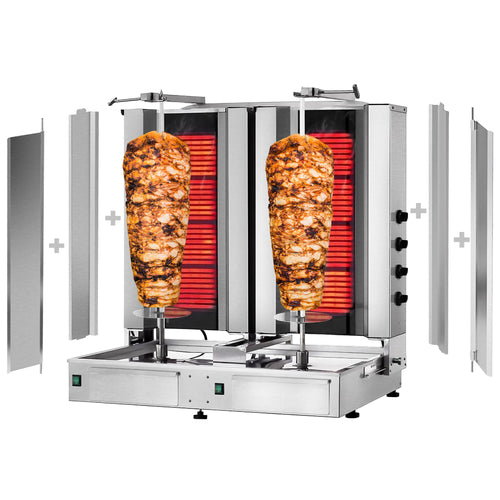 Sähkö Kebabgrilli - 4+4 poltinta - 14,4 kW - max. 120 kg lihaa - Pöytämalli - sis. 2 pariovea