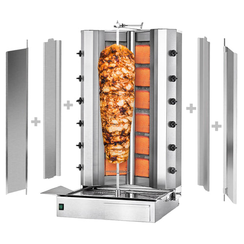 Kaasu Kebabgrilli - V-malli - 6+6 poltinta - 39 kW - max. 150 kg lihaa - Pöytämalli - sis. 2 suojalevyä ja 2 pariovea