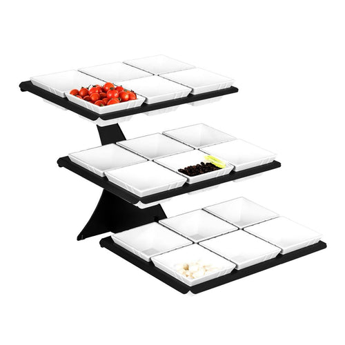 Buffetteline - musta - kulmikas - 320x460 mm - 3-tasoinen - Korkeus: 412 mm - sis. 18 melamiinikulhoa 140x140 mm