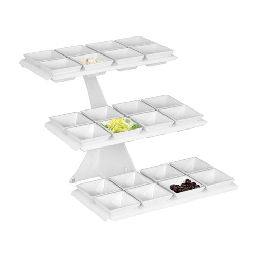 Buffetteline - valkoinen, melamiini; runko: ruostumaton teräs, jauhemaalattu - kulmikas - 320x460 mm - 3-tasoinen - Korkeus: 420 mm - sis. 24 melamiinikulhoa 100x100 mm