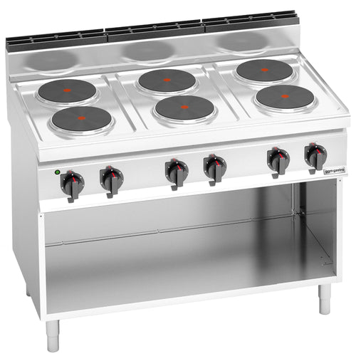 Sähköliesi Lorenzo 700 ‑sarja - 1200x714x1070 mm - 15,6 kW - 6 keittolevyä pyöreä - jalustalla - avoin, pohjahyllyllä & keräyslaatikolla