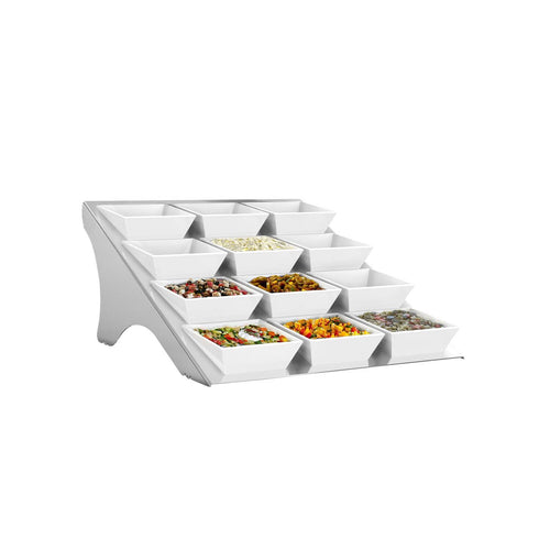Buffetteline - Ruostumaton teräs; melamiini - kulmikas - 330x435 mm - 12-tasoinen - Korkeus: 150 mm - sis. 12 melamiinikulhoa 90x90 mm - ominaisuudet: elintarvikekelpoiset materiaalit; erittäin kestävä