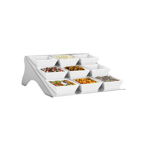 Buffetteline - Ruostumaton teräs - kulmikas - 335x340 mm - 9-tasoinen - Korkeus: 115 mm - sis. 9 melamiinikulhoa - ominaisuudet: elintarvikekelpoiset materiaalit