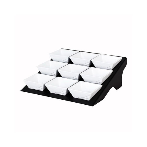 Buffetteline - BLACK LINE - ruostumaton teräs, musta; melamiini - kulmikas - 9 x 9 cm (schälchen) - sis. 9 melamiinikulhoa - ominaisuudet: pulverimaalattu; elintarvikekelpoinen