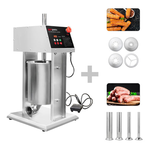 Sähköinen makkaratäyttökone & churrokone - 10 l - 90 W - ruostumaton teräs - sis. jalkapedaali & 4 täyttöputkea & 3 churrosuutinta