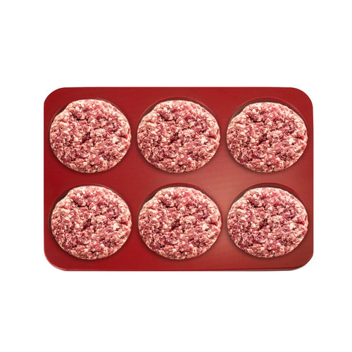 Hampurilaispihviprässi - 6 kokoa varten - muovi - suuri - Ø 120 mm - Ø 120 mm - Ø 120 mm - uritettu - punainen - 6 reikää - 175 g - ILMAN pihvimuottia