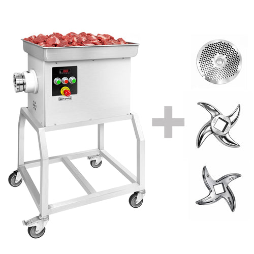 Lihamylly 32 - ruostumaton teräs - 600 kg/h - 3 kW - 236 r/min - peruutustoiminto - jäähdytyksellä - pyörillä - reikälevy 3,5 mm