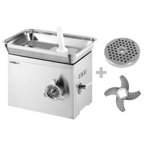 Lihamylly 22 - ruostumaton teräs - 350 kg/h - 1,1 kW - peruutustoiminto - jäähdytyksellä - reikälevy 4,5 mm