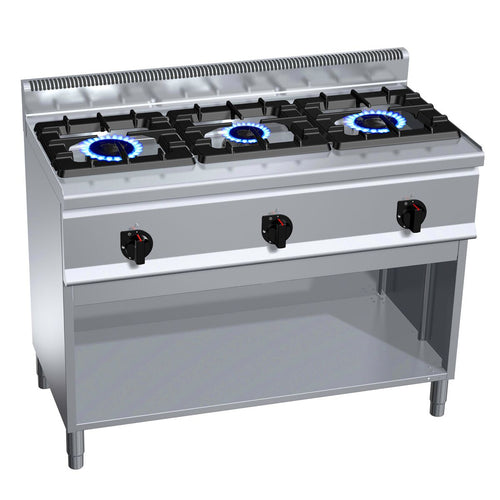 Kaasuliesi Lorenzo 600 ‑sarja - 1200x600x1020 mm - 31 kW - 3 poltinta - jalustalla - avoin, pohjahyllyllä & keräyslaatikolla