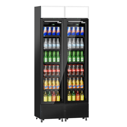 (2 kpl) Juomakaappi - 870 mm - 290 l - 2 lasiovea - valaistu mainospaneeli - LED-sisävalo - musta