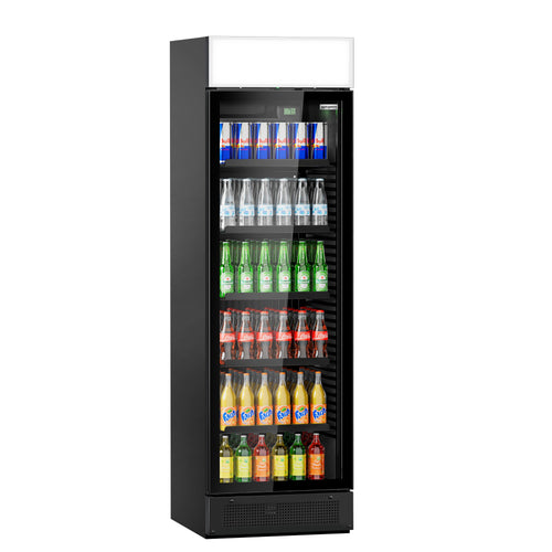 Juomakaappi PREMIUM - 595 mm - 145 l - kehyksetön lasiovi - 1 lasiovi - valaistu mainospaneeli - LED-sisävalo - musta