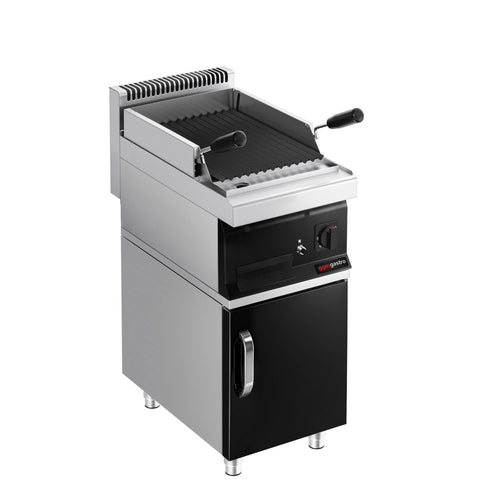 Laavakivigrilli (kaasu) - 7 kW - syvyys 700 mm - musta etupaneeli - grilliritilä säädettävä - vapaasti seisova, alakaapilla