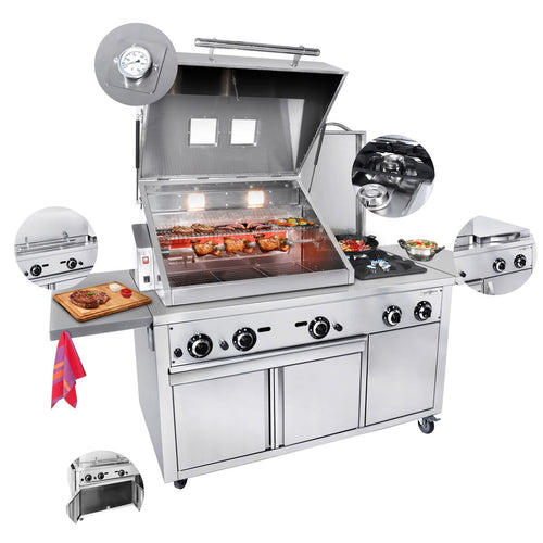 Commercial Gas Chargrill - 22.5kW|2187mm - Freestanding - 850mm Deep - 2 Burners - incl. Wheels, Rotisserie Skewer