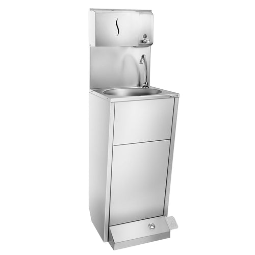 Commercial Hand Wash Sink - Stainless steel - with foot-operated tap, soap dispenser & paper towel dispenser