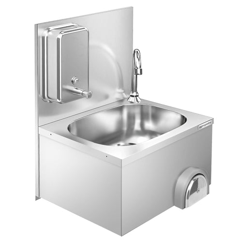 Commercial Hand Wash Sink - Stainless steel - wall mounted, with upstand/splashback, with tap, knee-operated, with soap dispenser, cold water connection required
