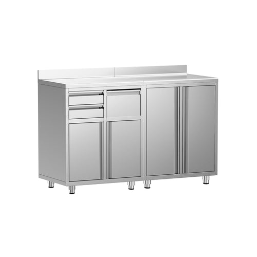 Ruostumattomasta teräksestä työkaappi - 1600x600 mm - 4 saranaovea, 2 vetolaatikkoa - roiskesuoja