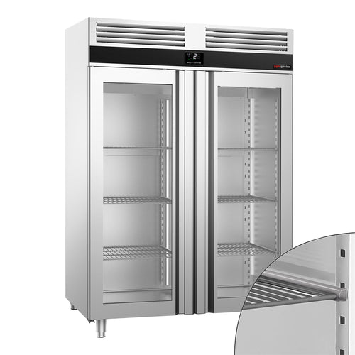 Commercial Upright Fridge Stainless steel PREMIUM - GN 1/1 - 1400L - with 2 glass doors