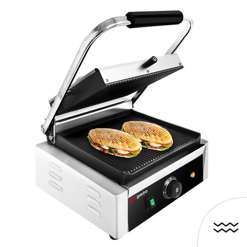 Kontaktigrilli / paninigrilli - 2 kW - uritetut ylä- & alalevyt - Paistoala: 270x255 mm