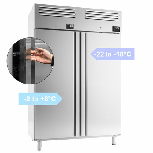 Yhdistelmäkaappi (kylmä/pakaste) Ruostumaton teräs - GN 2/1 - 1385 mm - 1220 l - -22…+8 °C - mitat 2 ovea - LED-valaistus, kiertoilmajäähdytys, automaattinen sulatus, digitaalinen termostaatti, R290