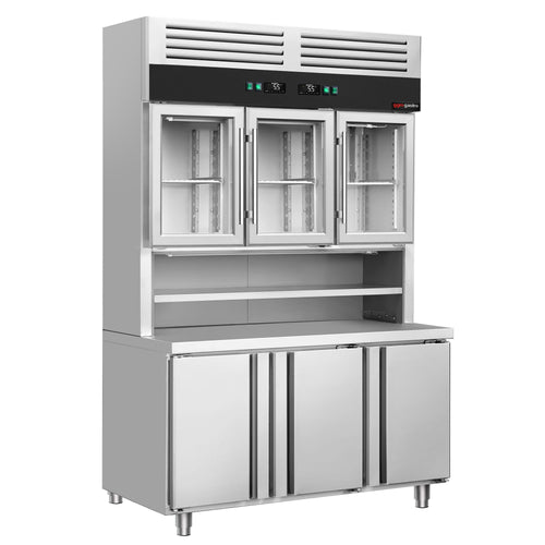 Kylmäpöytä seinäkiinnitteisellä kylmävitriinillä - 1350x700 mm - 455 l - 3 ovea - 3 lasiovea - Kaksoislasitus - työtaso