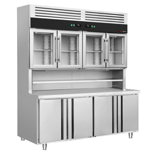 Kylmäpöytä seinäkiinnitteisellä kylmävitriinillä - 1800x700 mm - 655 l - 4 ovea - 4 lasiovea - Kaksoislasitus - työtaso