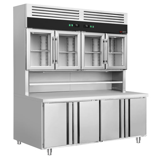 Kylmäpöytä seinäkiinnitteisellä kylmävitriinillä - 1800x800 mm - 4 lasiovea - 4 ovea - Kaksoislasitus - työtaso