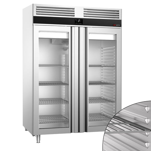 Commercial Upright Fridge Stainless steel PREMIUM - GN 2/1 - 1400L - with 2 glass doors